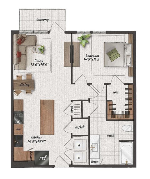 1 bedroom, 1 bathroom, 840 square foot A5A floorplan at St. Elmo Apartments in Austin, TX